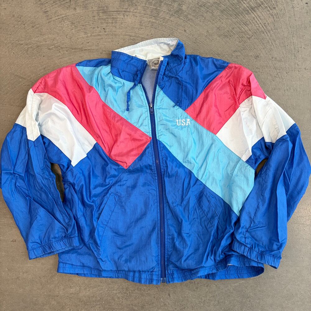 Vintage Y2k Usa American Red White Blue Track Windbreaker Full Zip Jacket M